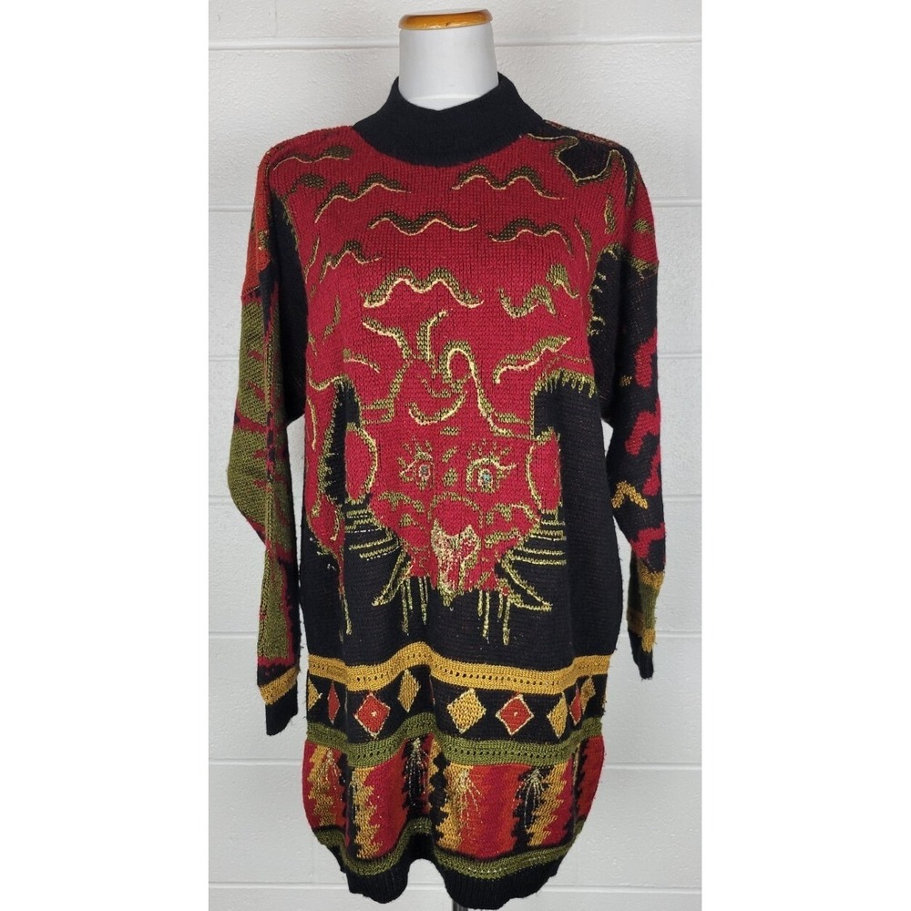 Vintage I.Magnin Long Tunic Sweater Black Gold Red Tiger Tapestry L?‎